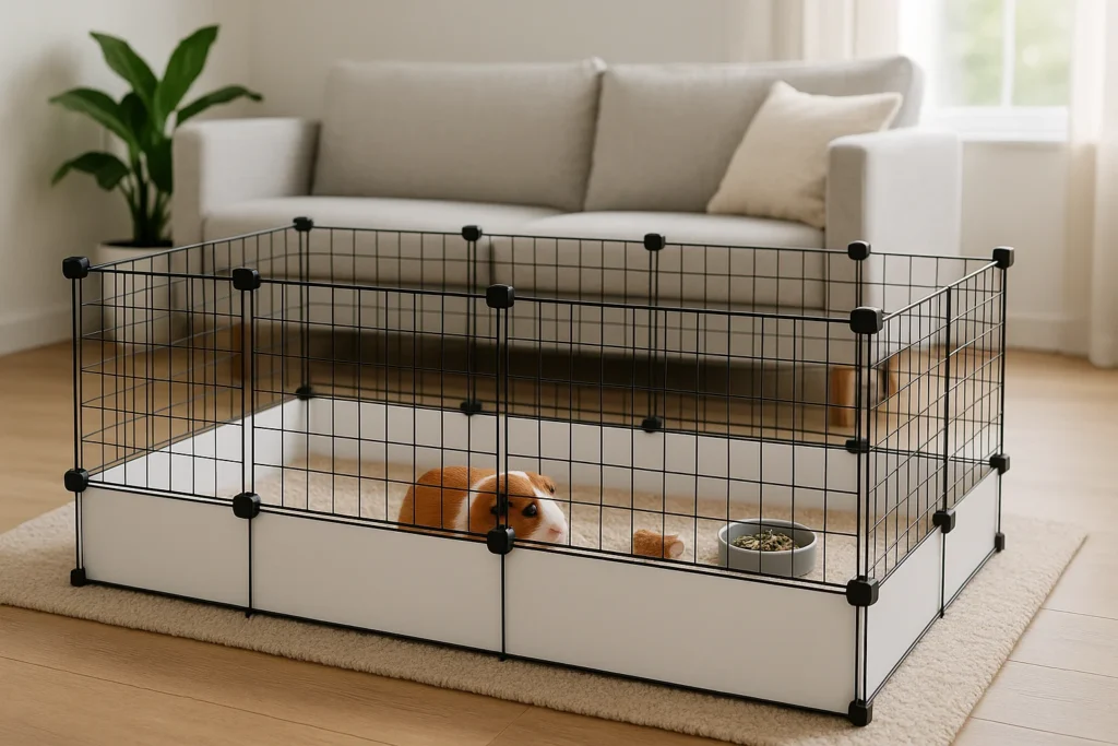 It shows a cozy indoor setup with a small pet — likely a guinea pig — inside a DIY-style pet cage. The cage is made of modular wire panels with solid white bases and is placed on a carpet in a bright, neatly furnished living room. Let me know how you'd like to use or modify this image — or if you need help designing a similar setup!