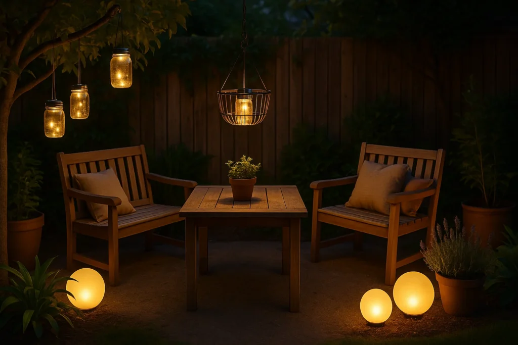 A cozy backyard patio at twilight featuring glowing DIY solar lights — mason jar lanterns hanging from a tree, a wire basket chandelier above a wooden table, and frosted orb lights in garden beds. Natural wood furniture, cushions, and potted plants complete the warm, inviting scene.