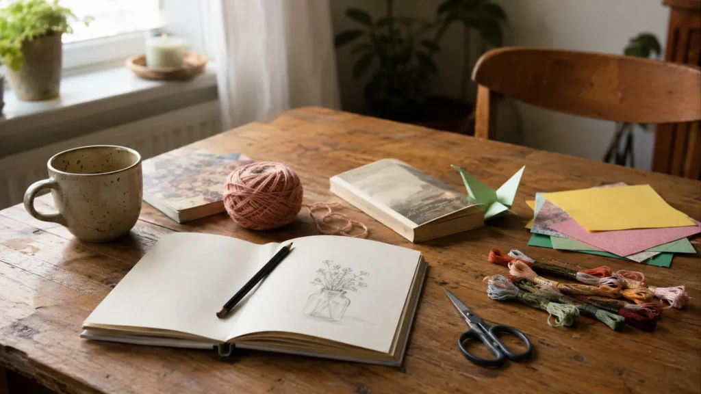 Affordable hobbies set up on a lived-in table: a sketchbook and pencil, a ball of yarn, folded paper, embroidery thread and a paperback.