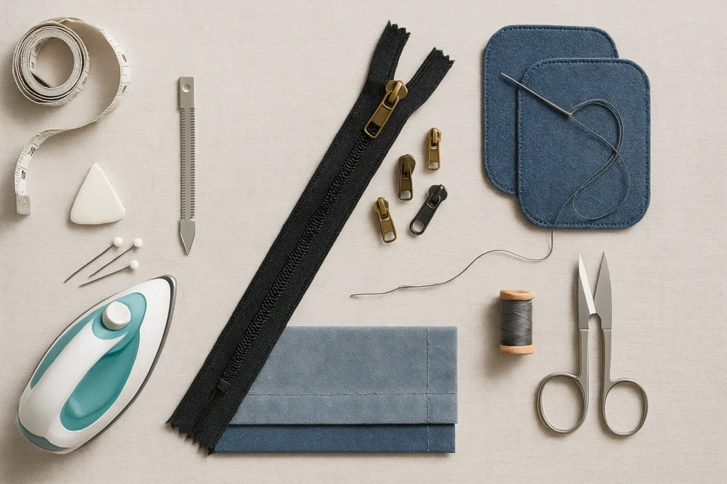 Clothing repair essentials neatly arranged—hemming tools, zipper sliders with zipper tape, and denim patch kit on a neutral linen background for a clean, beginner-friendly overview.