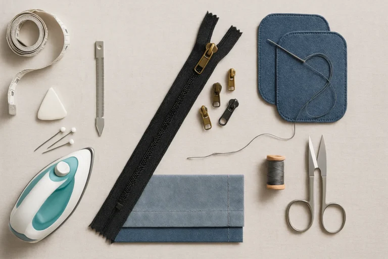 clothing repair basics laid out neatly—hemming tools, zipper sliders, and patch kits ready to fix common issues and extend garment life