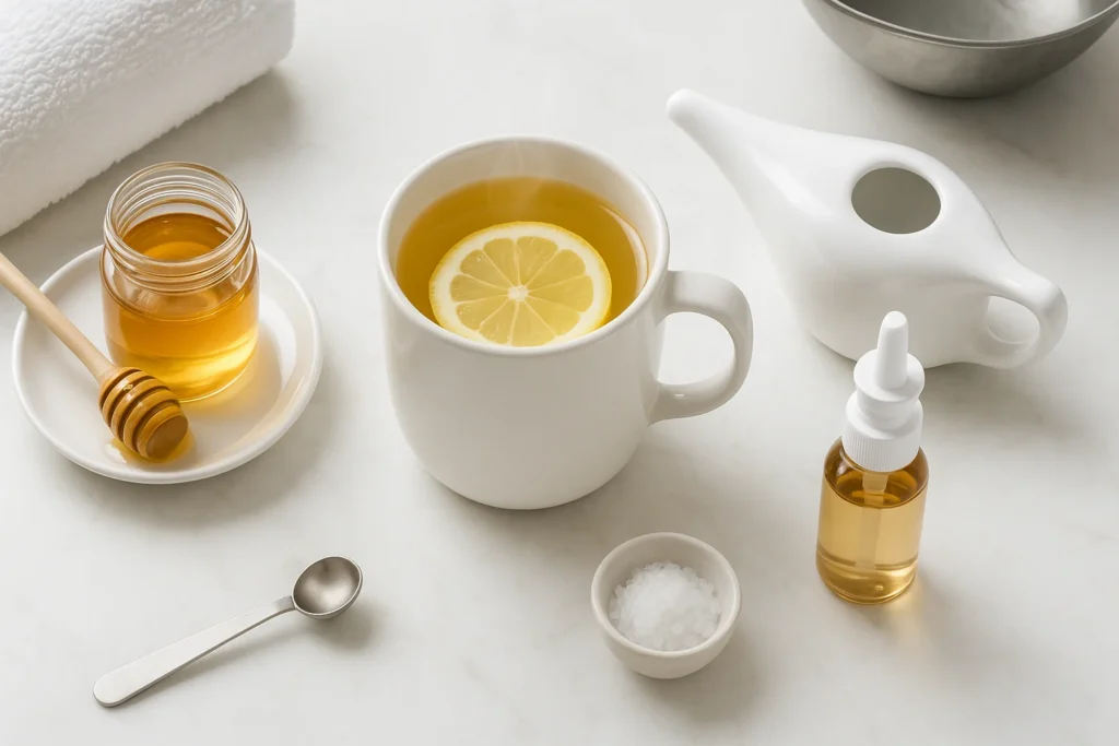 Evidence-based cold remedies flat-lay: lemon honey tea, saline rinse/neti pot, steam setup and salt on white marble for soothing cough, sore throat, and congestion.