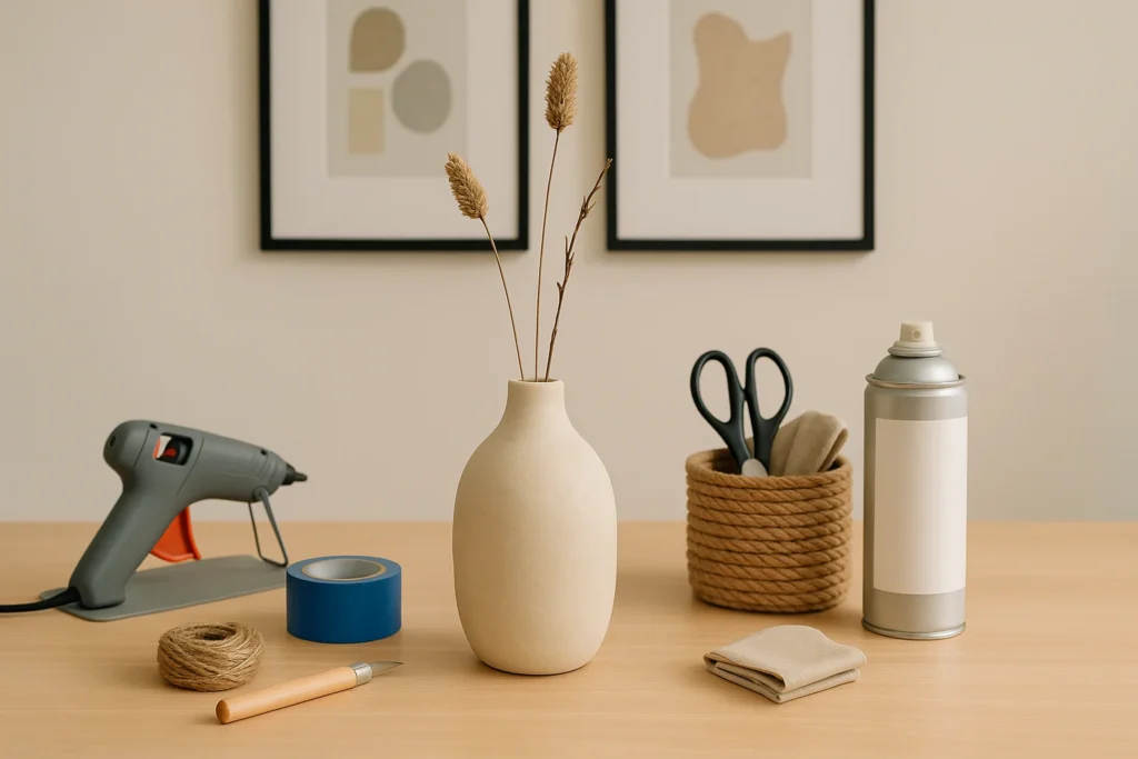 Craft projects for adults—budget-friendly weekend DIY setup with finished air-dry clay vase, tidy tools, and rope basket on a small worktable (under $25 look).