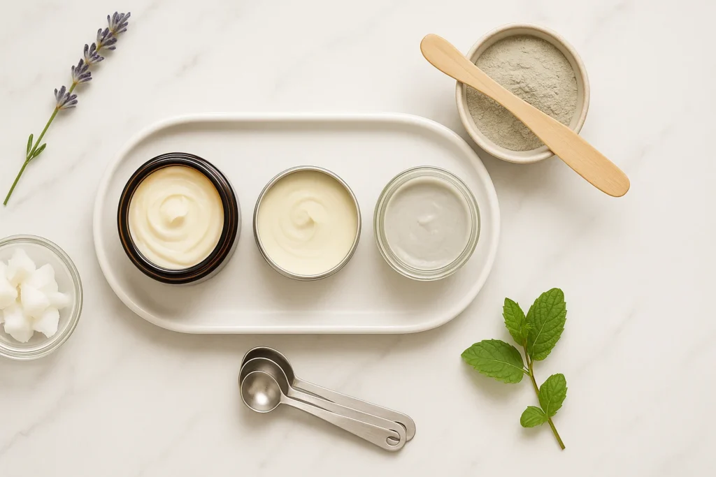 DIY beauty products at home—coconut oil, shea butter, baking soda, clay and essential oils arranged in a clean flat-lay for deodorant, toothpaste and masks
