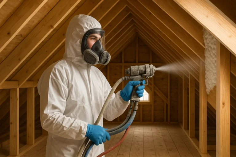 Homeowner wearing protective gear while applying spray foam insulation in an unfinished attic