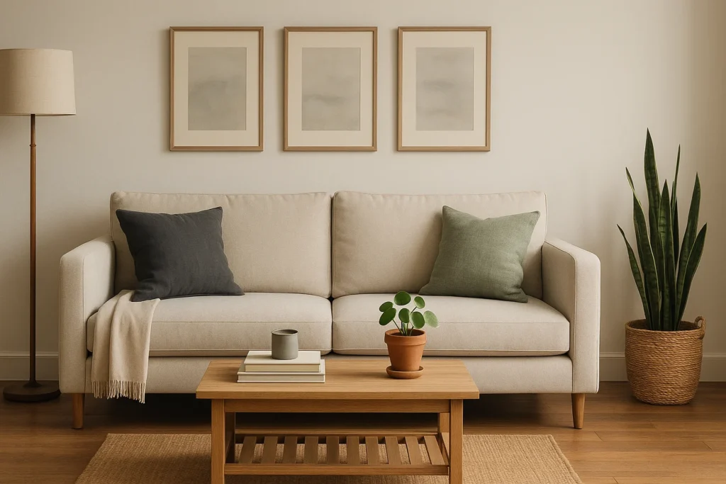 Do it yourself home decor ideas — budget-friendly living room refresh with neutral sofa, crate coffee table, thrifted lamp, and layered textures (renter-friendly)