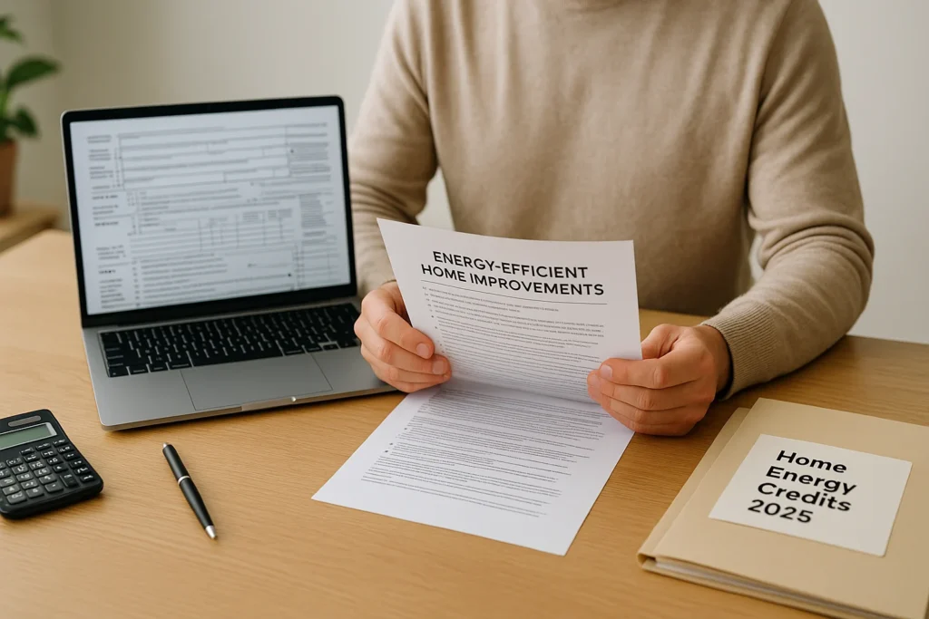 Homeowner reviews paperwork and receipts to claim energy efficient home improvement credits for 2025 upgrades