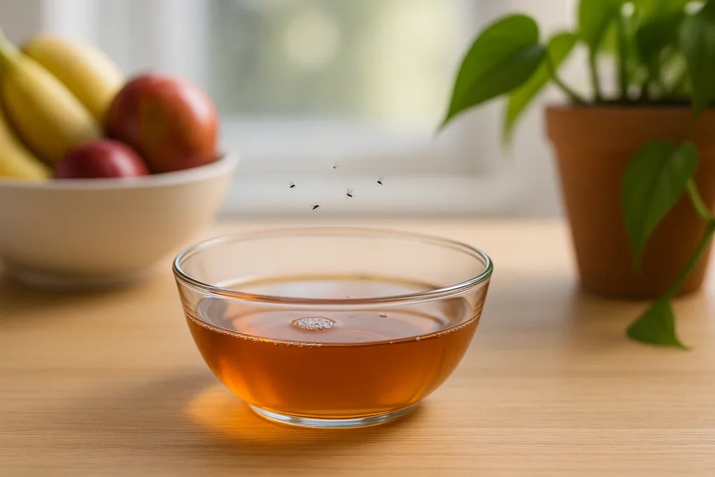 Home remedies for gnats: centered ACV and dish soap bowl on a kitchen counter with fruit and a houseplant in soft focus, tiny gnats hovering, natural daylight.