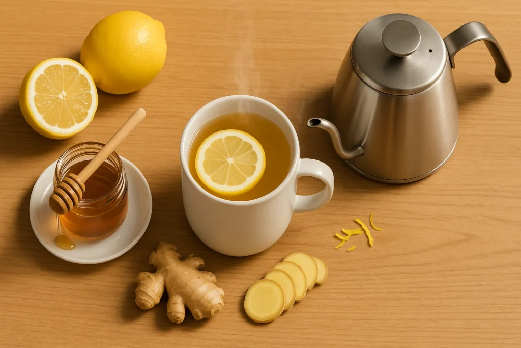 Flat-lay of natural cold remedies—honey, fresh ginger, lemon halves, and a steaming kettle beside a mug of lemon–honey tea—on light wood.