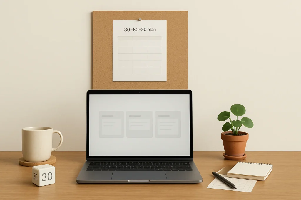 Learn new skills on a budget—centered desk with a 30–60–90 plan, free apps open, and a weekly wins tracker.